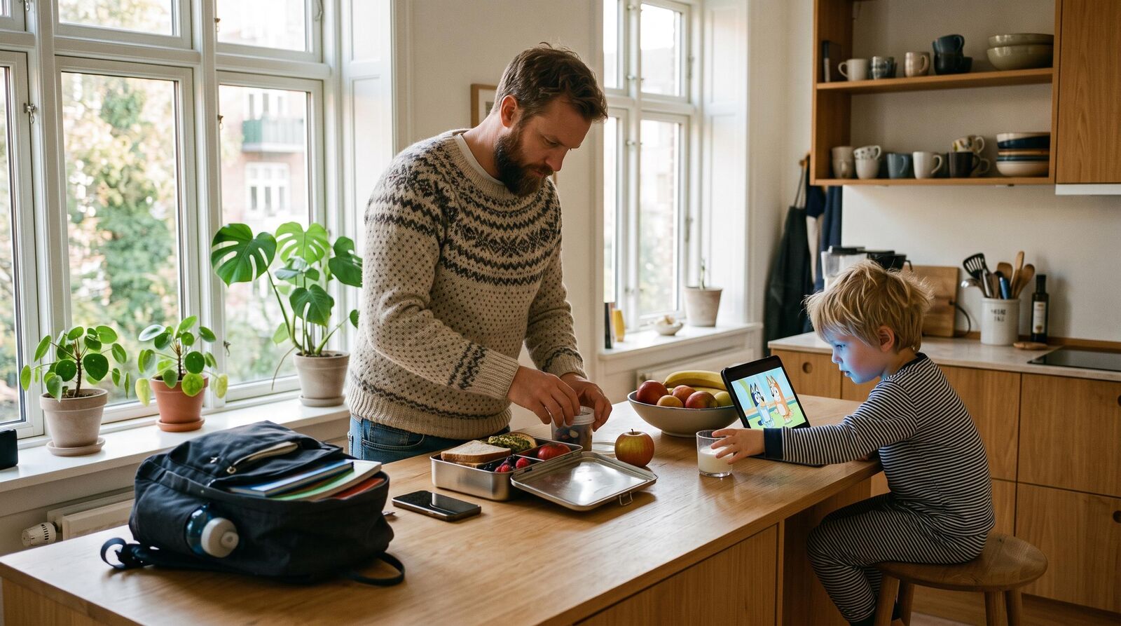 Pappa och son vid köksbänken med en surfplatta och matlådor