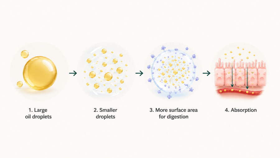 Illustration i fyra steg: stora oljedroppar emulgeras till mindre droppar, får större yta för matsmältning och absorberas