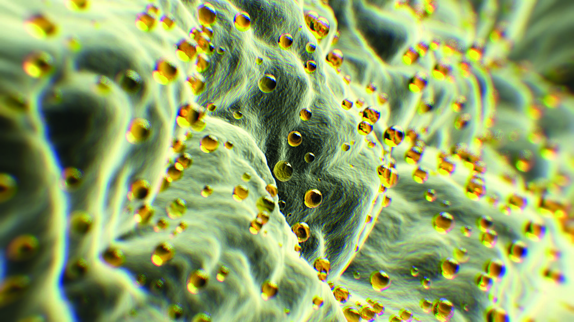 Makrobild av gyllene Omega-3-droppar i en emulsion