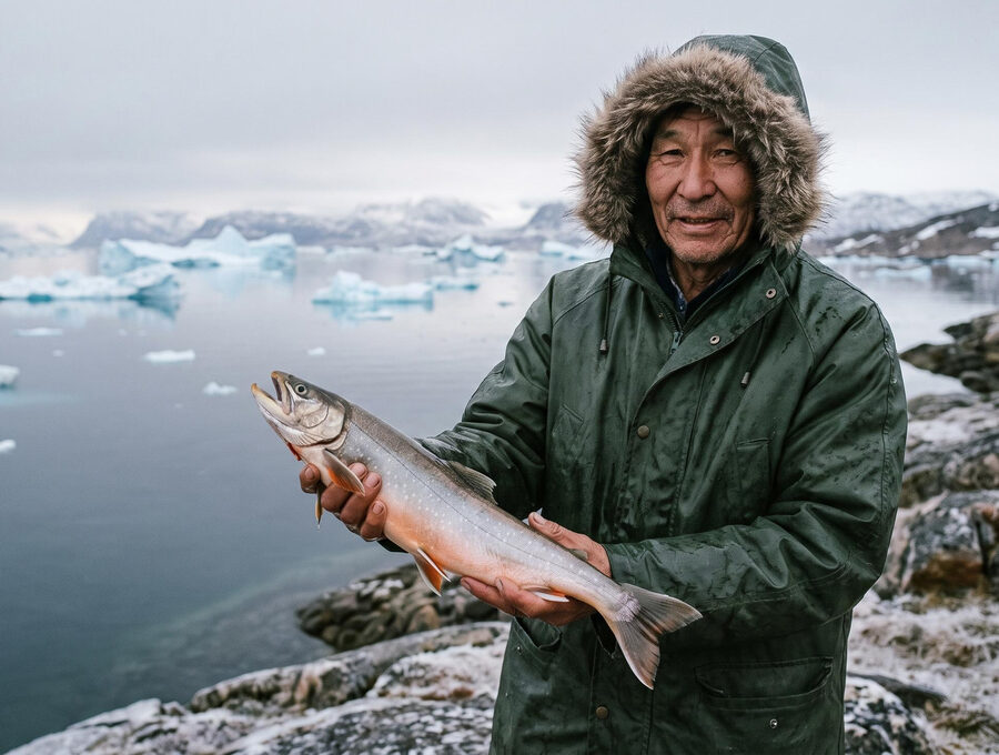 Fisherman in a fur-lined parka holding a freshly caught Arctic char by an icy Arctic shore