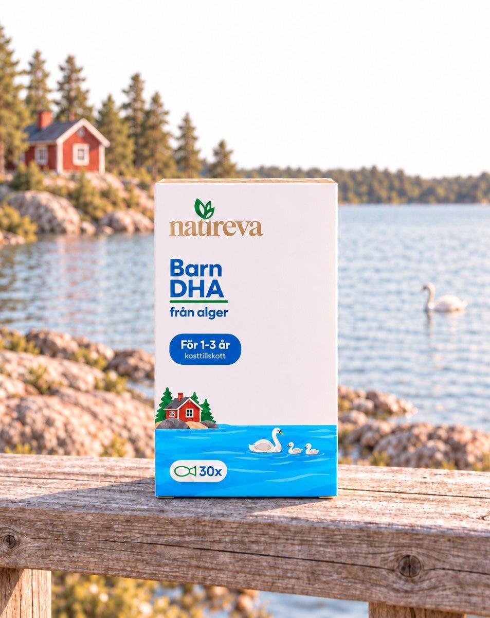 Baby DHA pack standing on a wooden railing by a lake, with a swan on the water