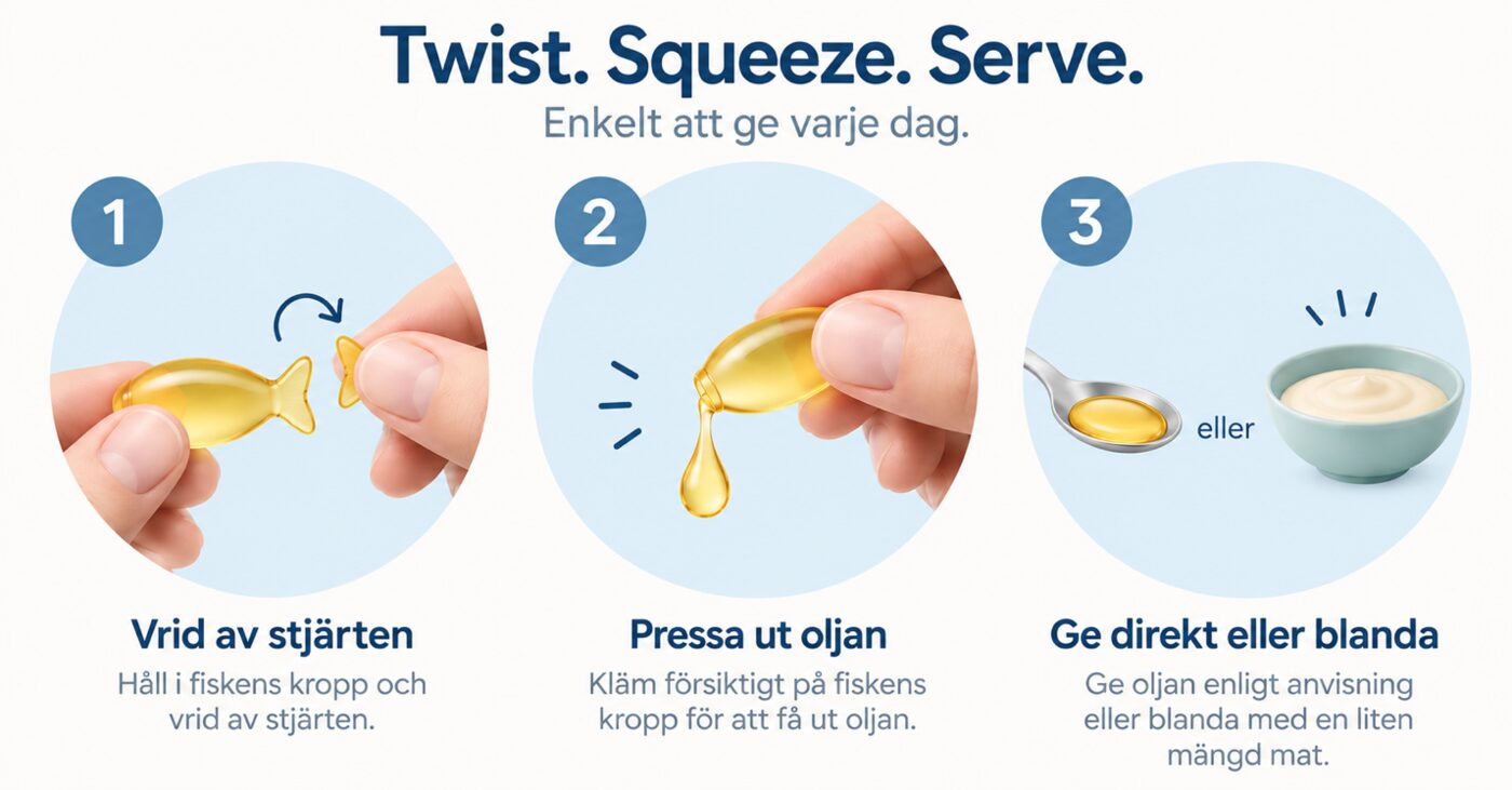 Three steps: twist off the fish tail, squeeze out the oil, serve directly or mix with a small amount of food