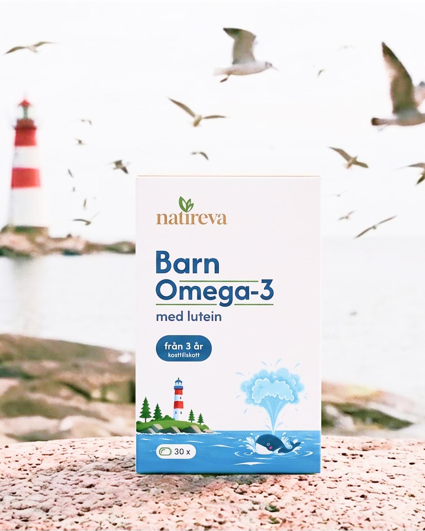 Kids Omega-3 with lutein pack standing on coastal rocks by a striped lighthouse