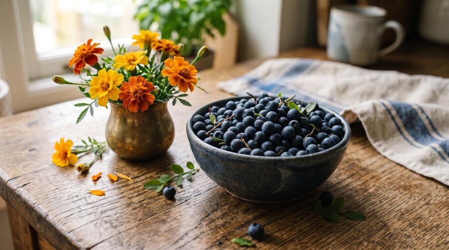 Marigolds in a brass vase beside a bowl of fresh bilberries on a wooden kitchen table