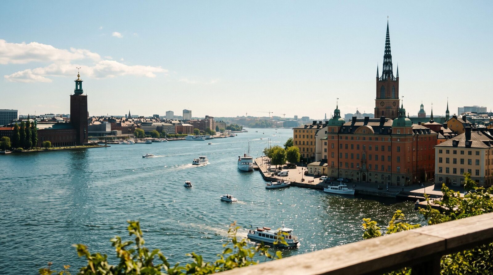 Stockholms vattenlinje i sommarsol, med Stadshusets torn och Riddarholmskyrkans spira