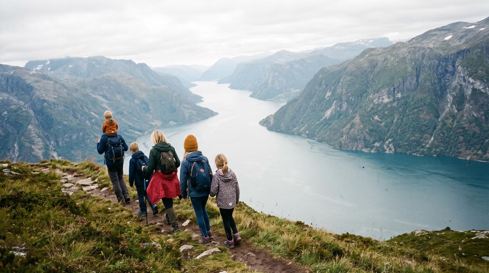 Hikers on a trail high above a Norwegian fjord